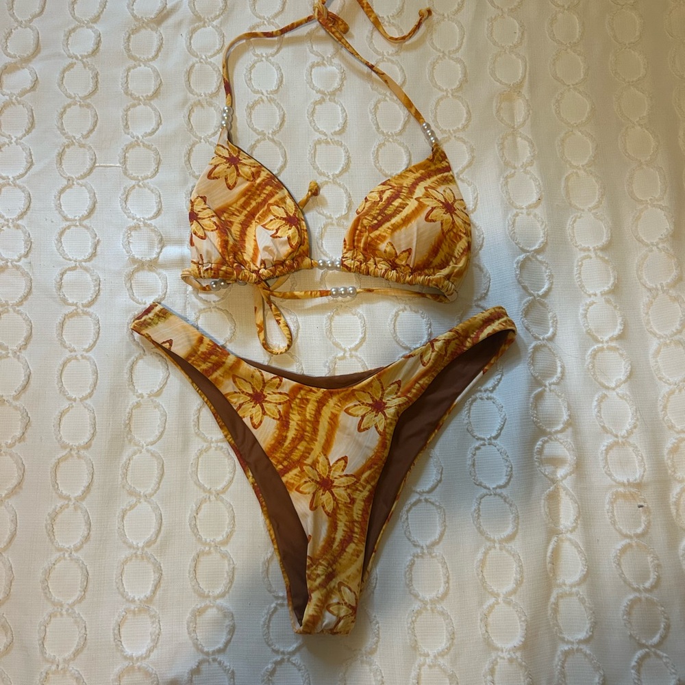 Tropical Floral Bikini Set - Tan and Cream